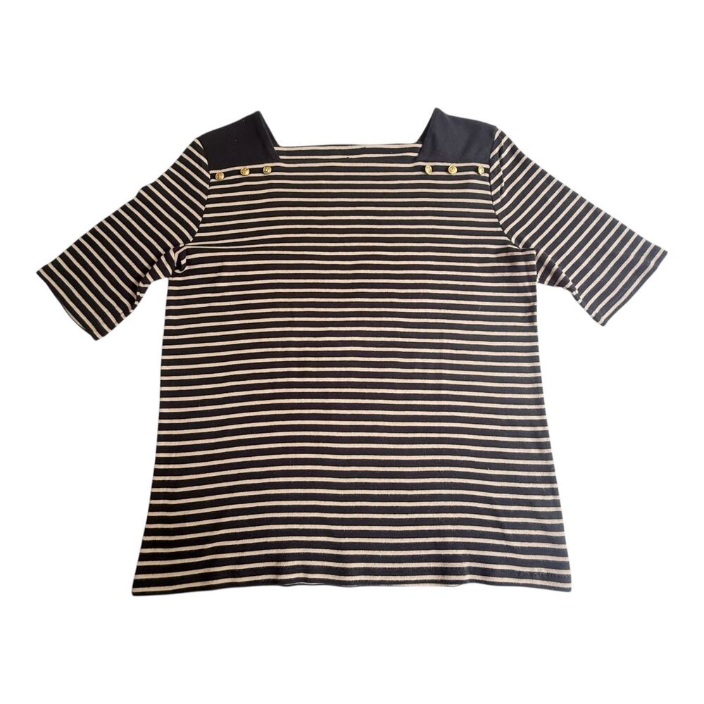 VTG Ralph Lauren Nautical Women TOP SZ MED Navy Gold Anchor Button Shirt Cotton